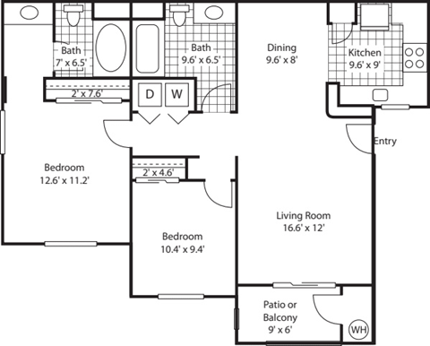 A floor plan of a house with a living room, two bedrooms, a dining room, kitchen, and bathrooms.